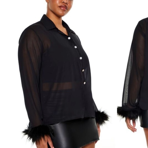 Black Sheer Blouse with Faux Fur Cuffs - Picture 2 of 8